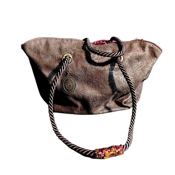 India Brown Paisley Embossed Suede Print Embroidered Bucket, Hobo, Satchel, Tote